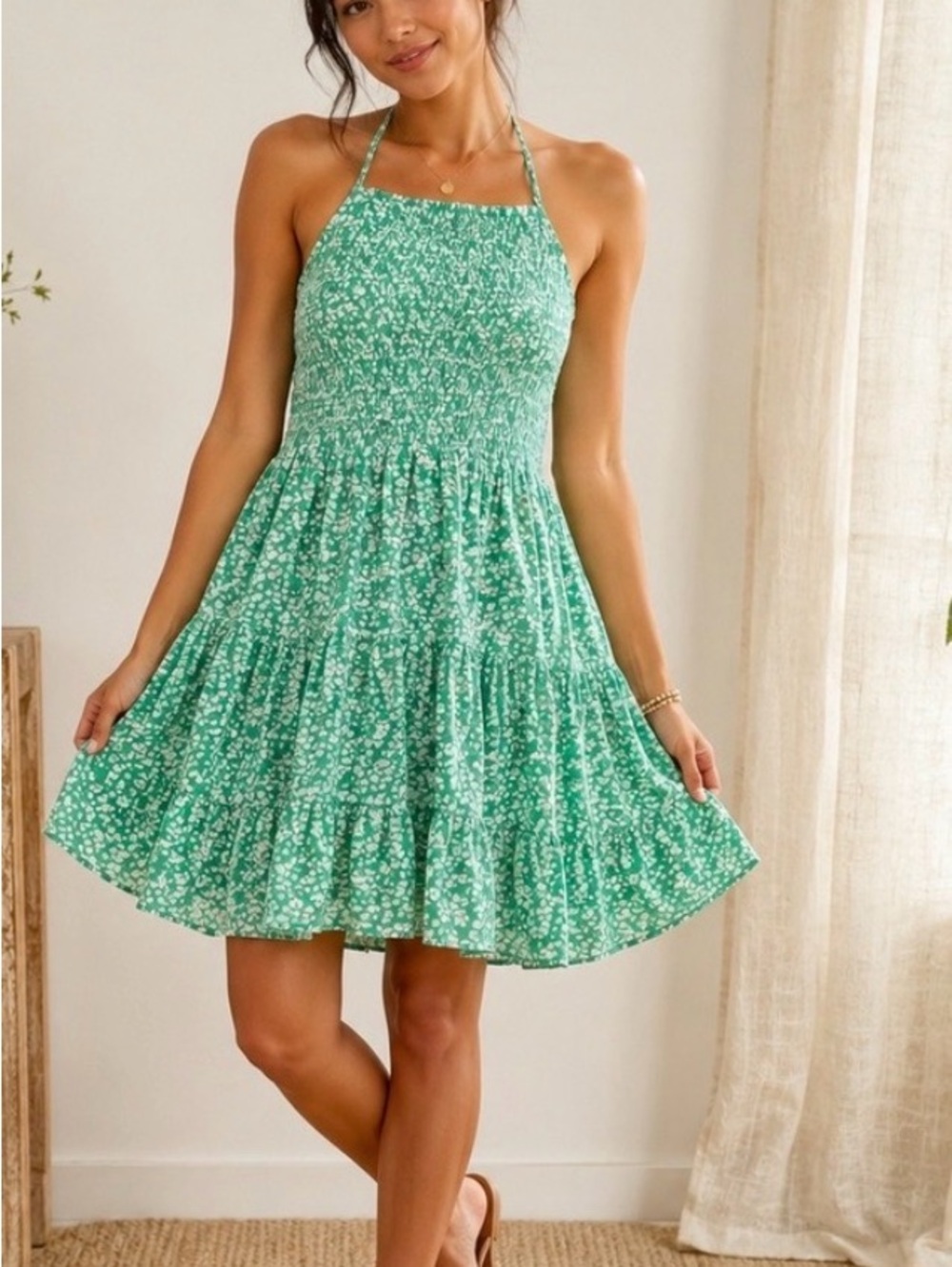 American Eagle Smocked Halter Green Floral Tiered Mini Dress Women’s Small NWT